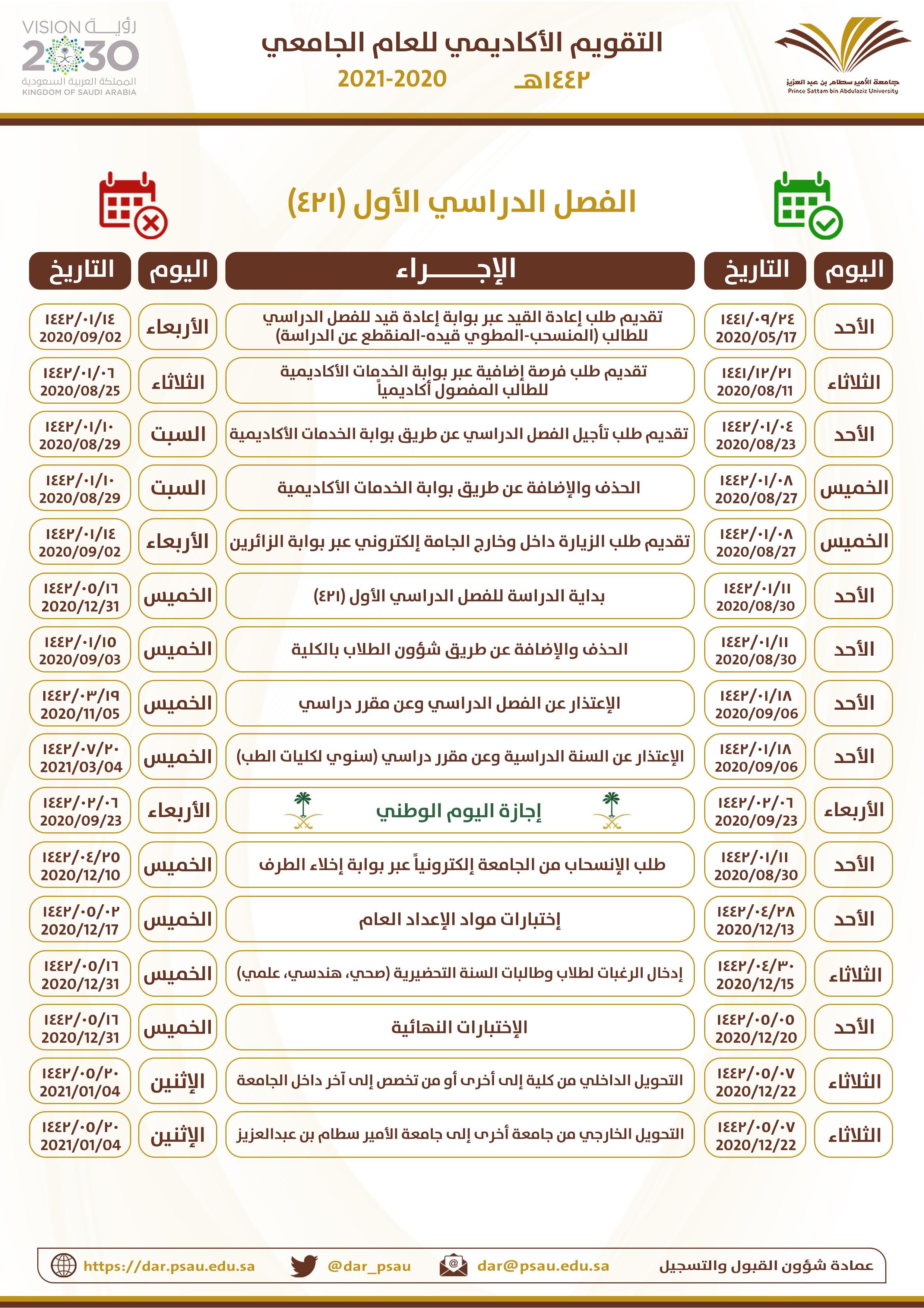 التقويم الأكاديمي للعام 2020-2021 م