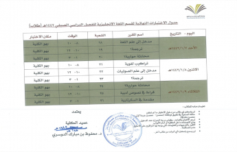 جدول الاختبارات النهائية لقسم الإنجليزي للفصل الدراسي الصيفي 1442 هـ (طلاب)